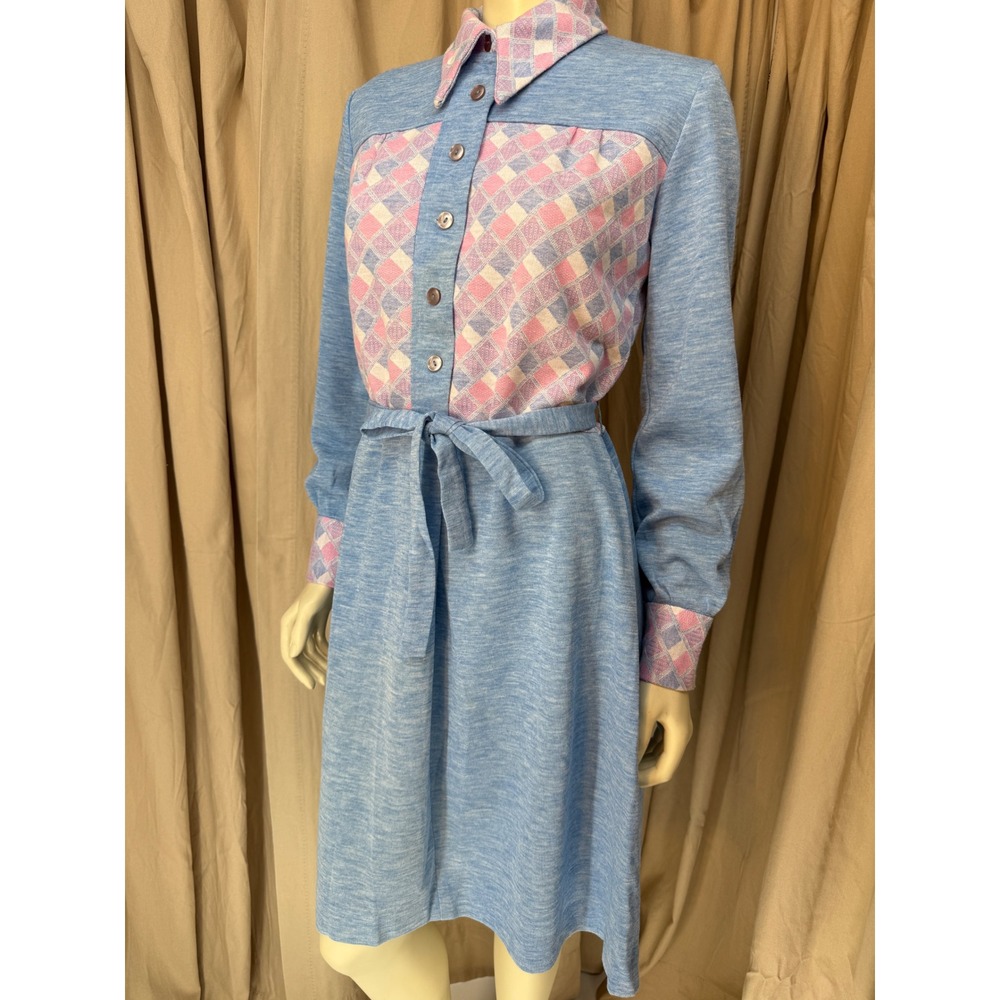 Vintage 70s Pastel Diamond Geometric Knit Dress Blue Pink Belted Mod